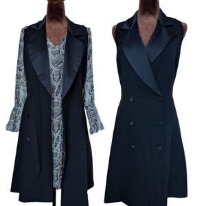 Anne Klein Black Double-Breasted Tuxedo  Dress with Satin Lapels Sz S